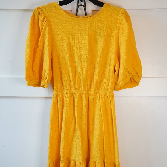 Sunday in Brooklyn, Tie Open Back Puff Sleeve Ruffle Midi Dress, Yellow, Gold - Picture 3 of 7